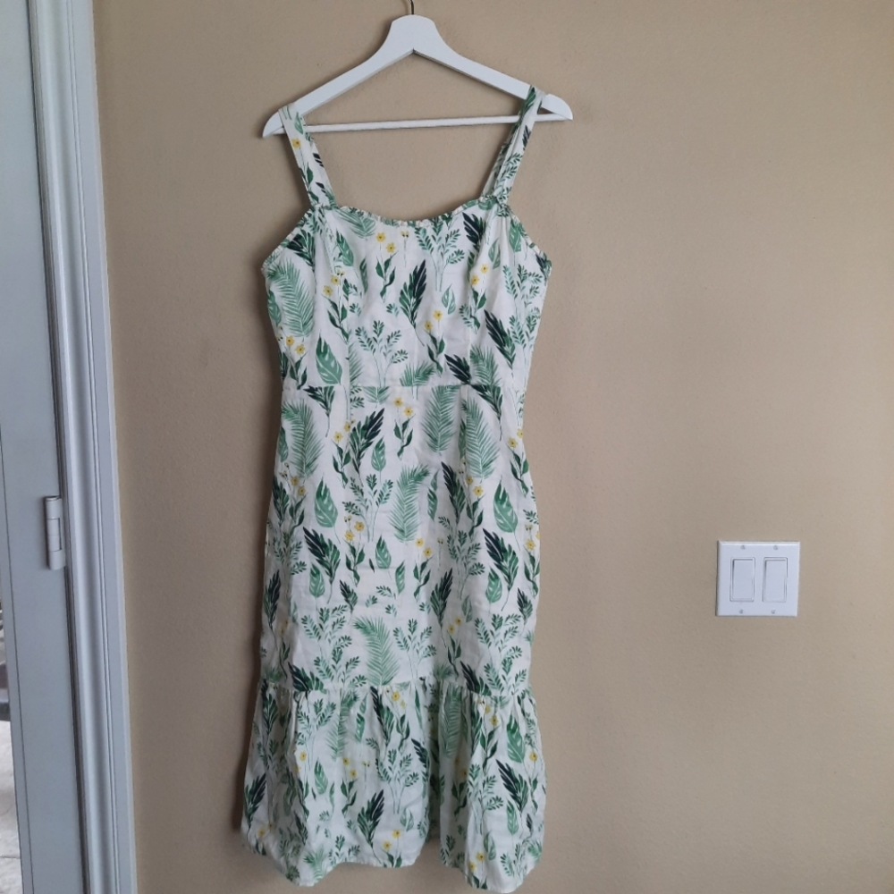 100% Linen Dress Green Leaves Botanical Floral Pattern Ruffle Hem Tiered Sundres